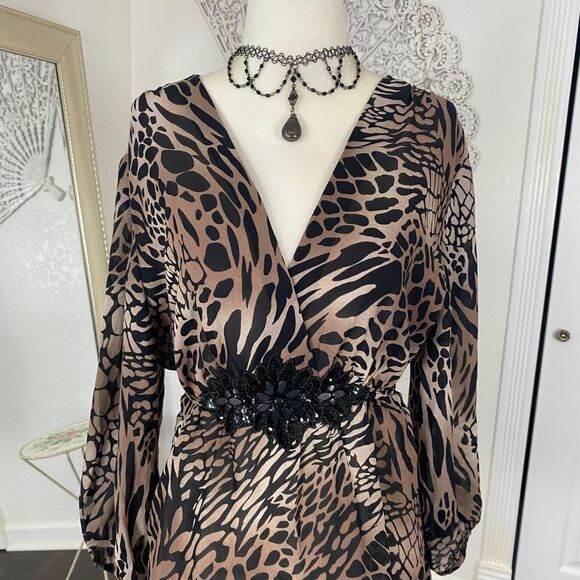 Early 2000's Euro Animal Print Cheetah Black Sequin Babydoll Blouse Top L - Picture 2 of 8